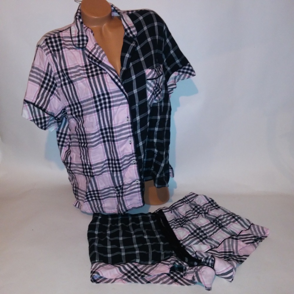 Victoria Secret Pajama Set Sleepwear XL Top & Shorts Black White Pink Plaid